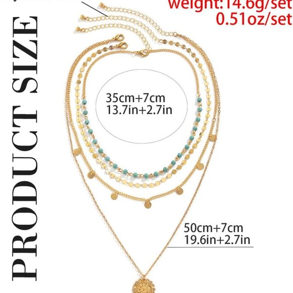 Stylish 4-Piece Gold Layered Necklace Set with Turquoise – Hypoallergenic & Chic - Picture 6 of 7